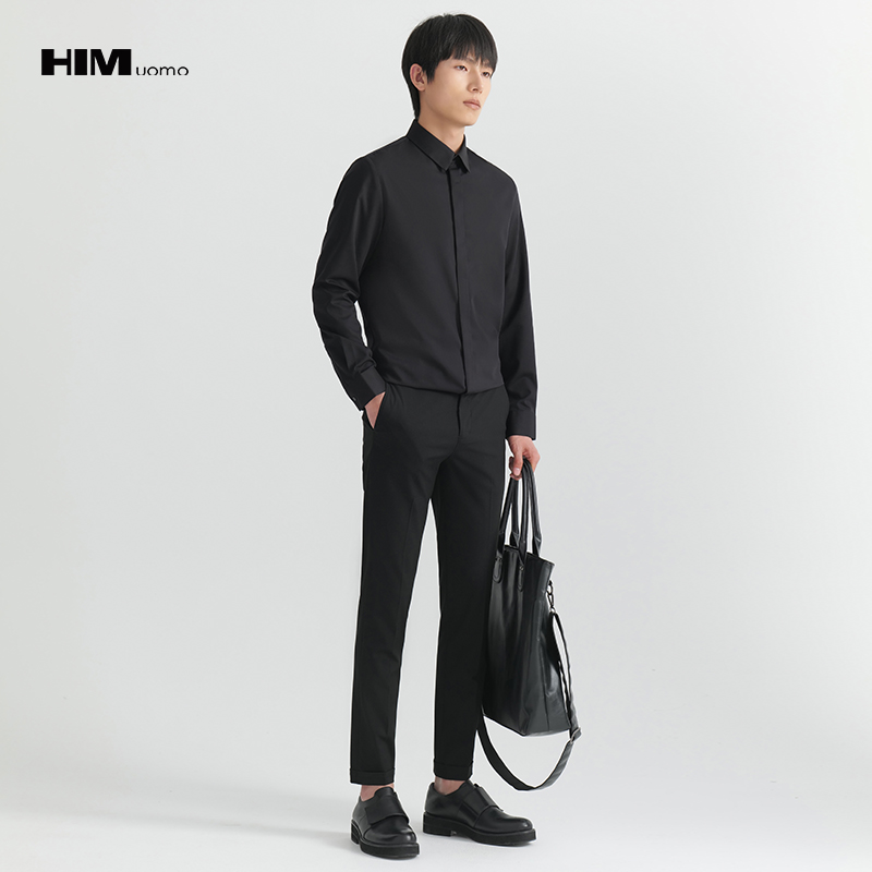 HIM漢崇 斯文纯色方领长袖衬衫男通勤商务正装修身衬衣 2026春季
