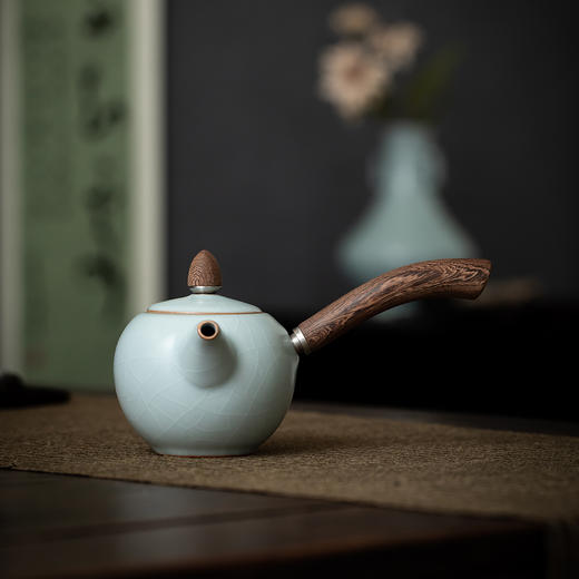 丰子汝窑 【天青侧把壶】泡茶单壶陶瓷大号开片可养木柄茶壶 商品图1
