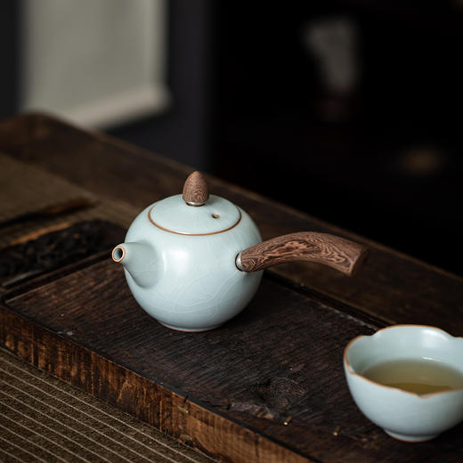 丰子汝窑 【天青侧把壶】泡茶单壶陶瓷大号开片可养木柄茶壶 商品图3
