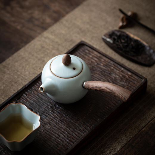 丰子汝窑 【天青侧把壶】泡茶单壶陶瓷大号开片可养木柄茶壶 商品图4