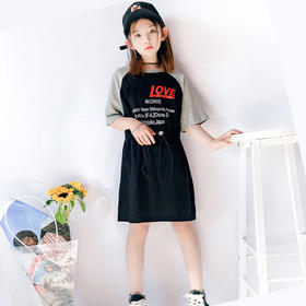 【服装鞋包】新款韩版女孩中长款网红时尚棉短袖t恤裙收腰连衣裙