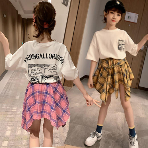 【服装鞋包】夏装新款韩版儿童洋气短袖潮衣格子裙子两件套 商品图0