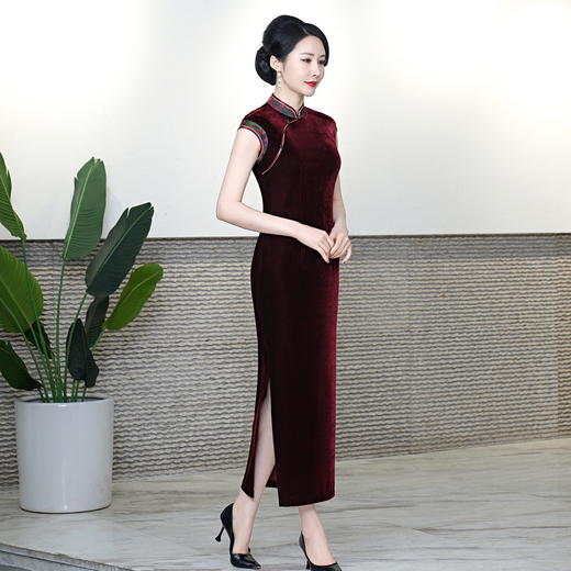 夏季新款，长款无袖拼接香云纱改良丝绒旗袍HYX-23-7801 商品图2