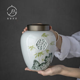【日用百货】-手绘浮雕窗花复古茶叶罐双层锡盖陶瓷密封罐