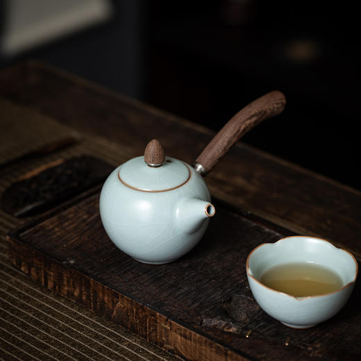 丰子汝窑 【天青侧把壶】泡茶单壶陶瓷大号开片可养木柄茶壶 商品图5