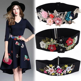 TZF-SJ绣花宽腰带女立体花朵复古风装饰外搭裙子松紧弹力刺绣腰封中国风