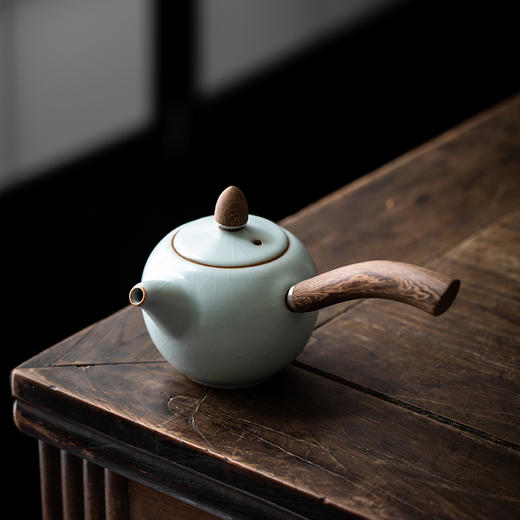 丰子汝窑 【天青侧把壶】泡茶单壶陶瓷大号开片可养木柄茶壶 商品图2