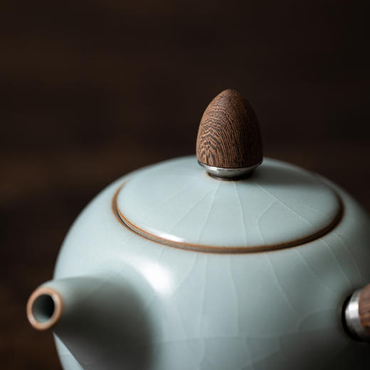 丰子汝窑 【天青侧把壶】泡茶单壶陶瓷大号开片可养木柄茶壶 商品图8