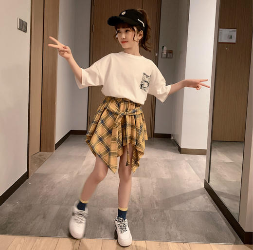 【服装鞋包】夏装新款韩版儿童洋气短袖潮衣格子裙子两件套 商品图1