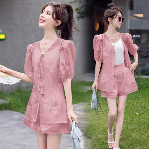 重工刺绣天丝上衣套装，气质阔腿短裤休闲两件套HR-HMGF6611 商品图3