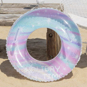 五彩星空亮片带拉手拉手亲子游泳圈儿童成人加厚充气救生圈浮力圈男女士腋下游泳圈气囊多尺寸1个