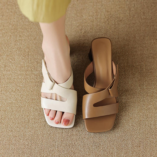 新款夏季棕色粗跟方头露趾性感一字凉拖鞋OLD-A787-15 商品图0