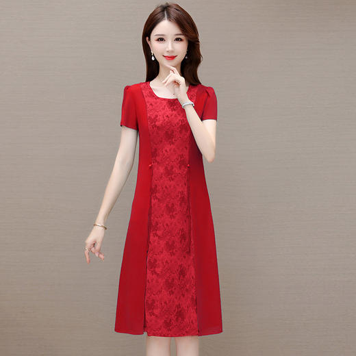 拼色假两件连衣裙，中长裙夏季短袖妈妈装休闲裙印花连衣裙QYM-XY-23HA79-Y 商品图6