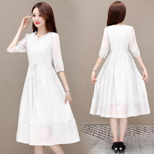 系带中长款A字裙，轻薄中袖天丝连衣裙QYM-23X8921 商品图2