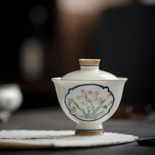 【日用百货】-宜室茶话 手绘幽兰盖碗釉下彩高足泡茶碗 商品图4