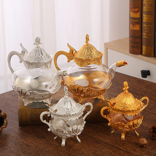 【日用百货】优质合金玻璃咖啡壶套装 新款欧式茶楼茶壶糖盅套装 商品图0