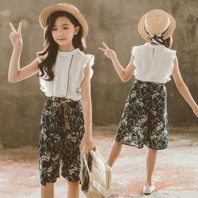 【服装鞋包】新款韩版夏季女孩洋气t恤碎花雪纺阔腿裤套装