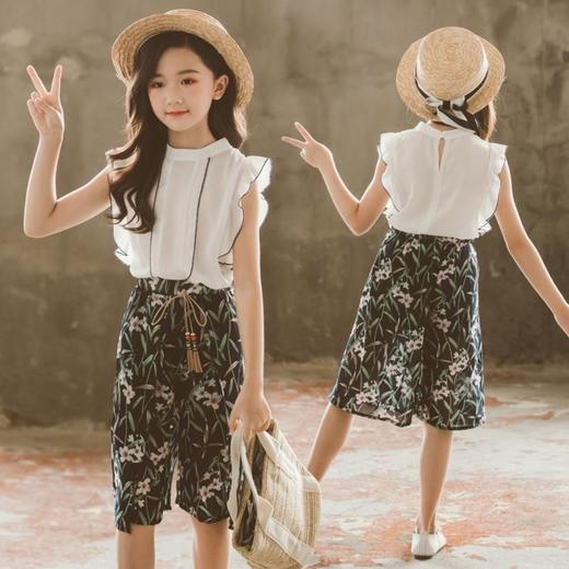 【服装鞋包】新款韩版夏季女孩洋气t恤碎花雪纺阔腿裤套装 商品图0