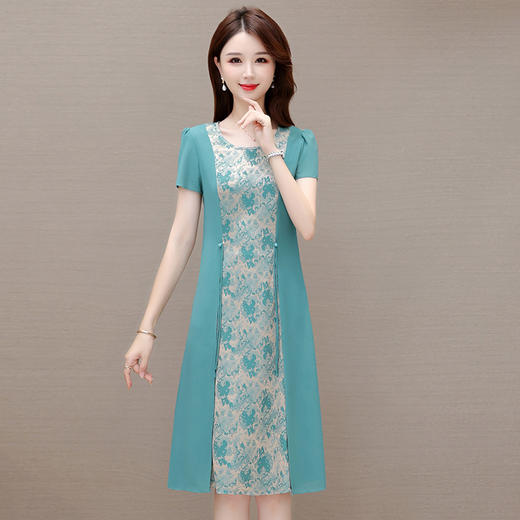 拼色假两件连衣裙，中长裙夏季短袖妈妈装休闲裙印花连衣裙QYM-XY-23HA79-Y 商品图0