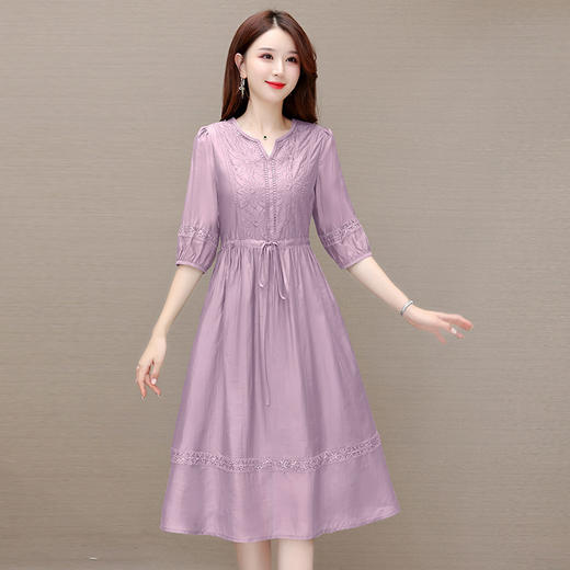 系带中长款A字裙，轻薄中袖天丝连衣裙QYM-23X8921 商品图0