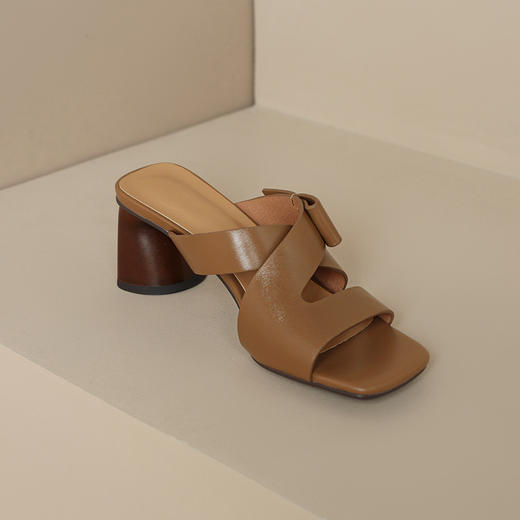 新款夏季棕色粗跟方头露趾性感一字凉拖鞋OLD-A787-15 商品图6