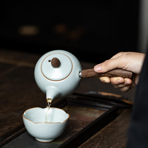 丰子汝窑 【天青侧把壶】泡茶单壶陶瓷大号开片可养木柄茶壶 商品图6