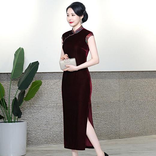 夏季新款，长款无袖拼接香云纱改良丝绒旗袍HYX-23-7801 商品图1