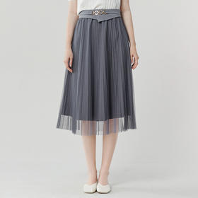 Famecoco范可儿不对称腰封网纱半身裙夏优雅A字百褶裙女FAB3HA002