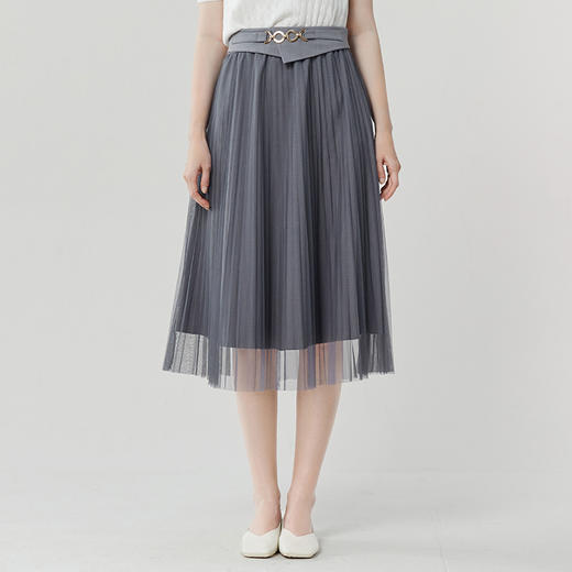 Famecoco范可儿不对称腰封网纱半身裙夏优雅A字百褶裙女FAB3HA002 商品图0