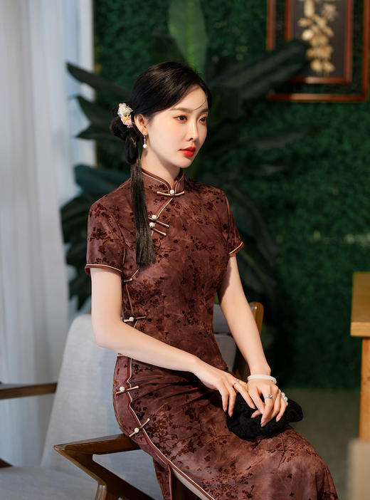 改良植绒双层长旗袍，日常复古短袖旗袍ZA-5177 商品图2