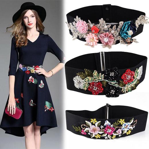 AA SJ绣花宽腰带立体花朵装饰外搭裙子松紧弹力刺绣腰封 商品图0