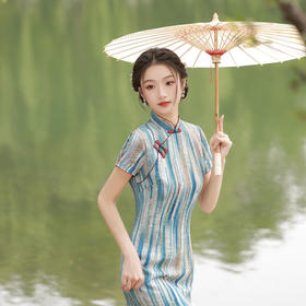 轻薄冰丝感复古中国风，中长款修身旗袍连衣裙XL-23211