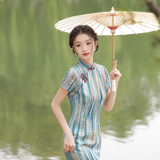 轻薄冰丝感复古中国风，中长款修身旗袍连衣裙XL-23211 商品图0