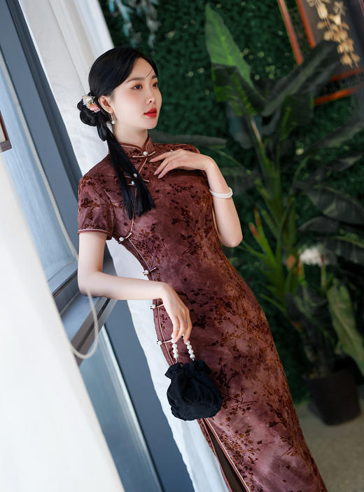 改良植绒双层长旗袍，日常复古短袖旗袍ZA-5177 商品图1