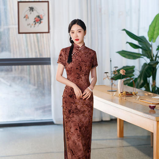 改良植绒双层长旗袍，日常复古短袖旗袍ZA-5177 商品图4