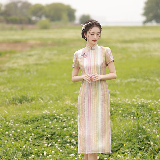 轻薄冰丝感复古中国风，中长款修身旗袍连衣裙XL-23211 商品图3