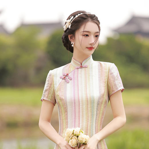 轻薄冰丝感复古中国风，中长款修身旗袍连衣裙XL-23211 商品图2