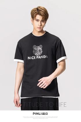 PINLI品立春季新款熊猫印花短袖T恤男士休闲上衣BG231111051