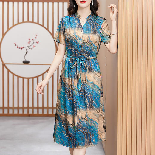 TC 221215桑蚕丝连衣裙气质印花收腰显瘦真丝裙 商品图3