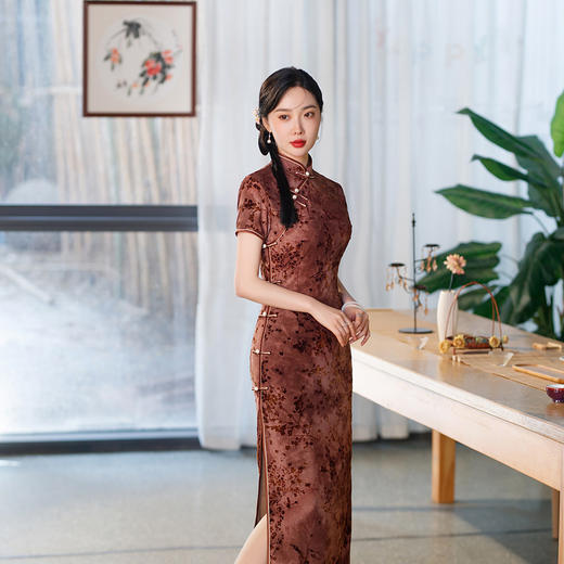 改良植绒双层长旗袍，日常复古短袖旗袍ZA-5177 商品图0