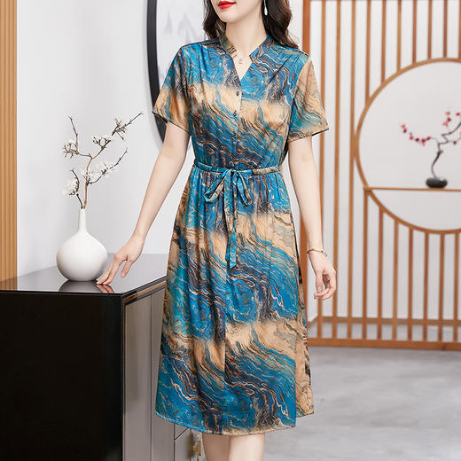 TC 221215桑蚕丝连衣裙气质印花收腰显瘦真丝裙 商品图1