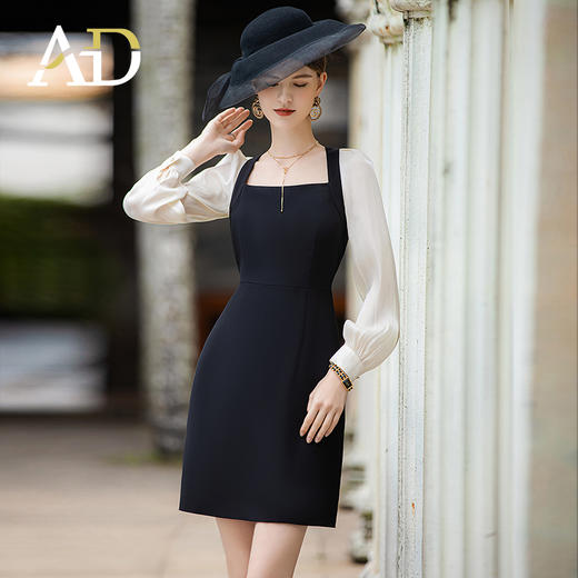 AD洋气鎏光纱接拼连衣裙女法式名媛赫本风小黑裙气质女神范裙子夏 商品图1