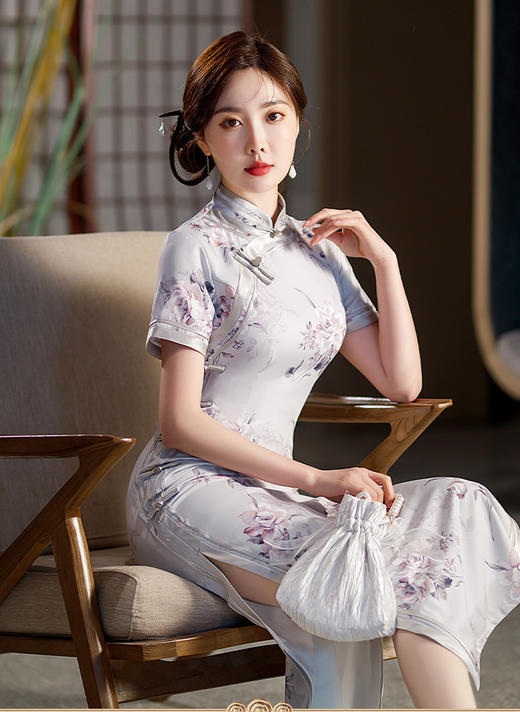 长款修身真丝缎旗袍走秀宴会礼服ST-C3029 商品图2