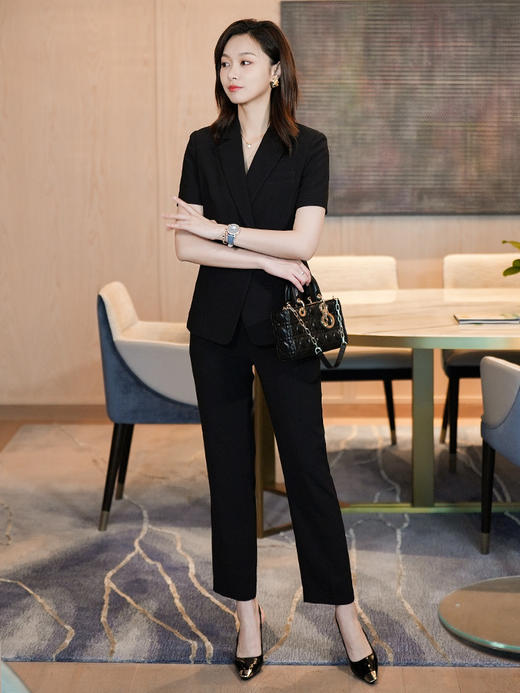 黑色短袖薄西装外套夏季新款单粒扣高级感西装裤职业套装 商品图1