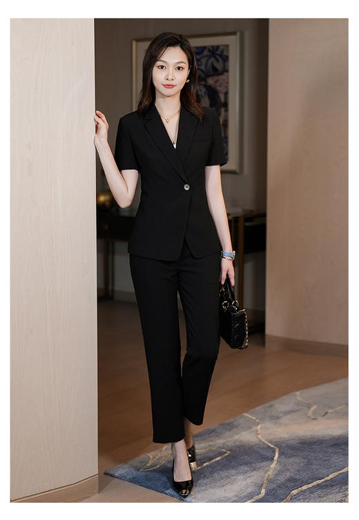 黑色短袖薄西装外套夏季新款单粒扣高级感西装裤职业套装 商品图0