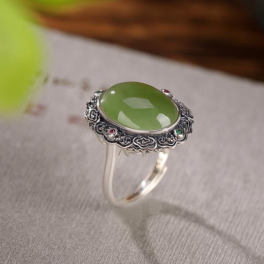 【静影沉璧】S925银和田玉碧玉镂空祥云蛋面戒指【CW-236511】 商品图2