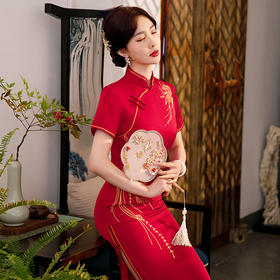 长款修身真丝缎旗袍走秀红色宴会礼服ST-C3016