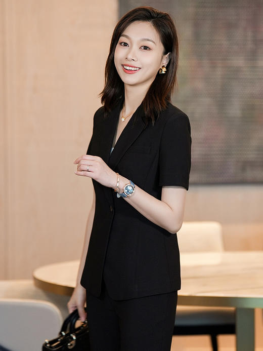 黑色短袖薄西装外套夏季新款单粒扣高级感西装裤职业套装 商品图3