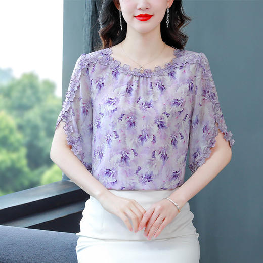 KQL A83N6298飞飞袖刺绣碎花衬衫洋气时尚雪纺上衣 商品图1