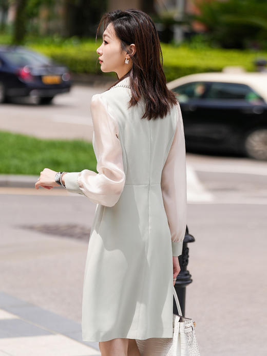 绿色拼接网纱泡泡袖连衣裙女神范儿气质西装裙a字裙夏新款 商品图1